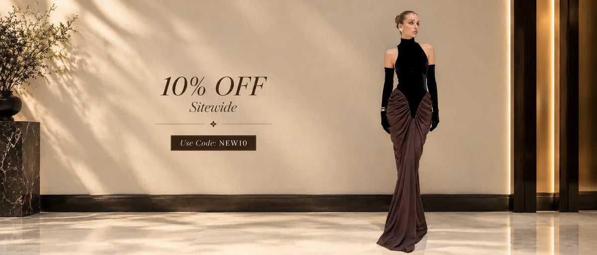 WOLZI luxury clothing banner featuring 10% off sitewide and code NEW10