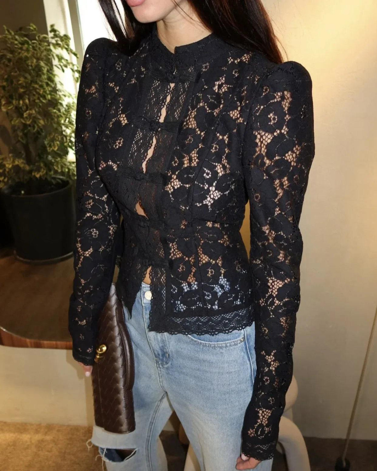 Fontaine black lace blouse with long sleeves and high collar by WOLZI