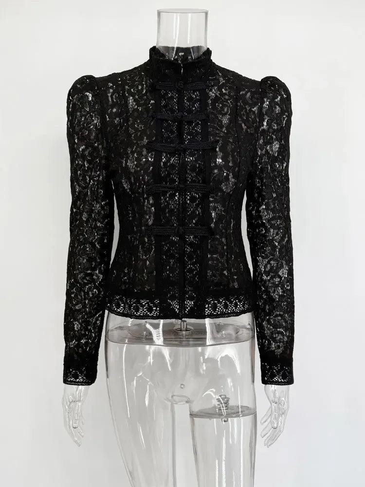 WOLZI Fontaine Lace Blouse in black with long sleeves and decorative front frog closures.