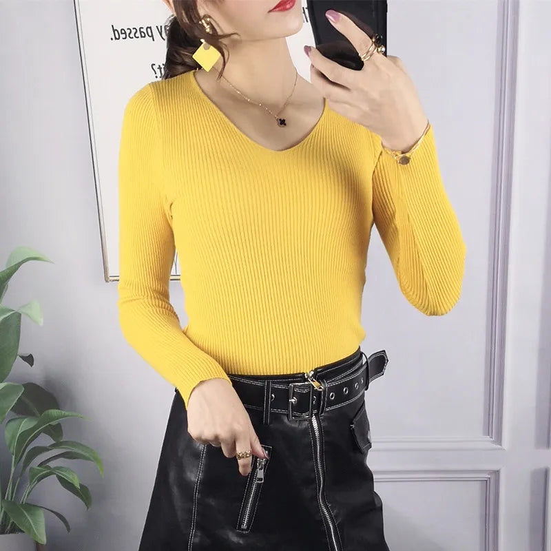 Avery Ribbed V Neck Knit Sweater