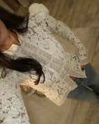 WOLZI Fontaine Lace Blouse in beige with long sleeves and floral lace patterns