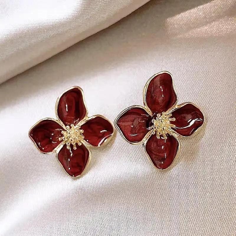 WOLZI Flora Glazed Flower Earrings in deep red enamel with gold accents