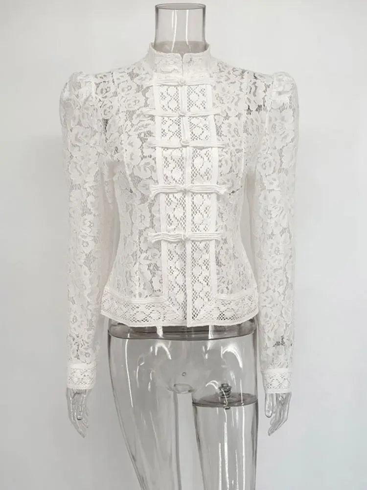 WOLZI Fontaine Lace Blouse in white with long sleeves and decorative button details