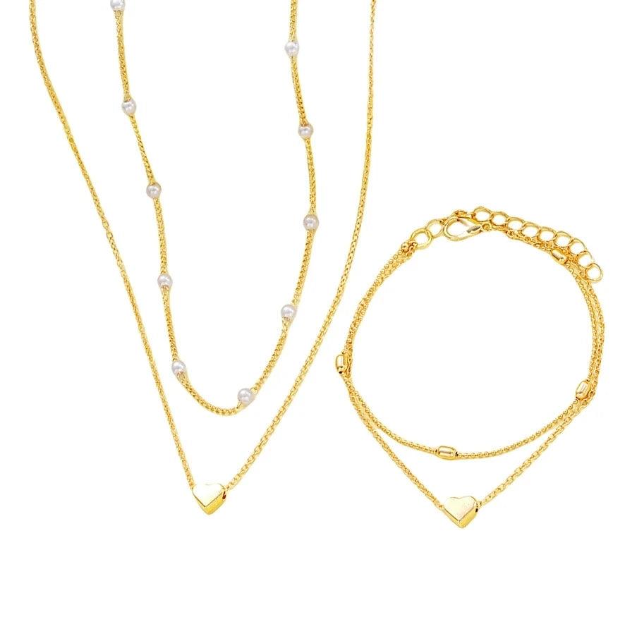 WOLZI Amorette Pearl Heart Jewelry Set featuring a layered necklace and matching bracelet