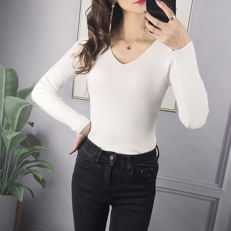 Avery Ribbed V Neck Knit Sweater