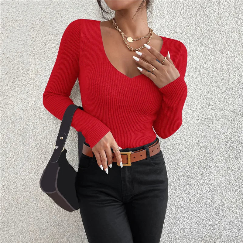 Avery Ribbed V Neck Knit Sweater