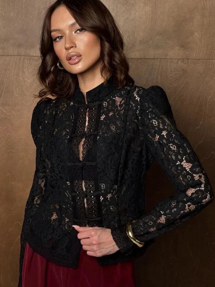 WOLZI Fontaine black lace blouse with long sleeves and mandarin collar.