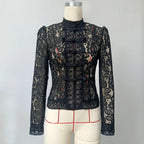 WOLZI Fontaine Black Lace Blouse with long sleeves and decorative frog closures.