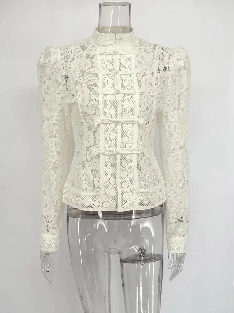Fontaine beige lace blouse with high collar and decorative button closures by WOLZI