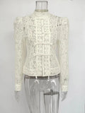 Fontaine beige lace blouse with high collar and decorative button closures by WOLZI