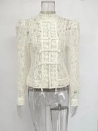 Fontaine beige lace blouse with high collar and decorative button closures by WOLZI